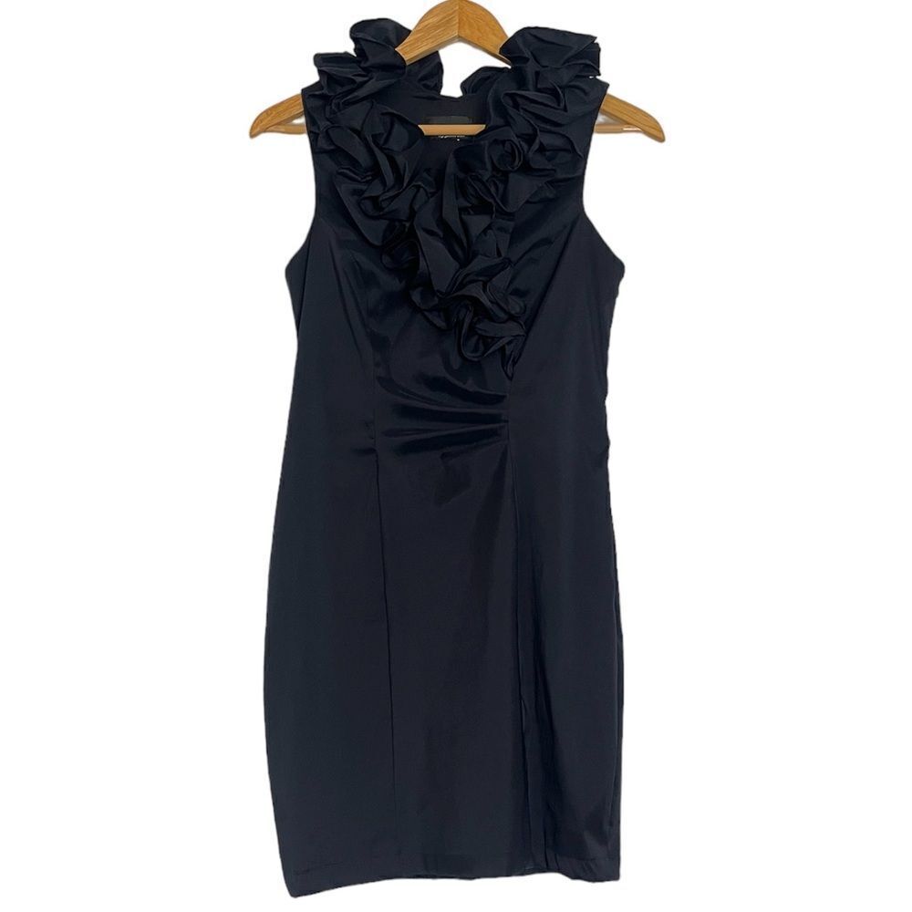 XSCAPE by Joanna Chen Cocktail Dress Black Ruffle Trim Taffeta Sheath XS 0 2